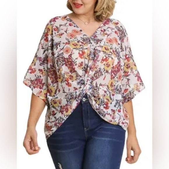 NEW Umgee Twist Front Floral V-Neck Short Flutter Sleeve Top Size 1XL - Picture 11 of 12